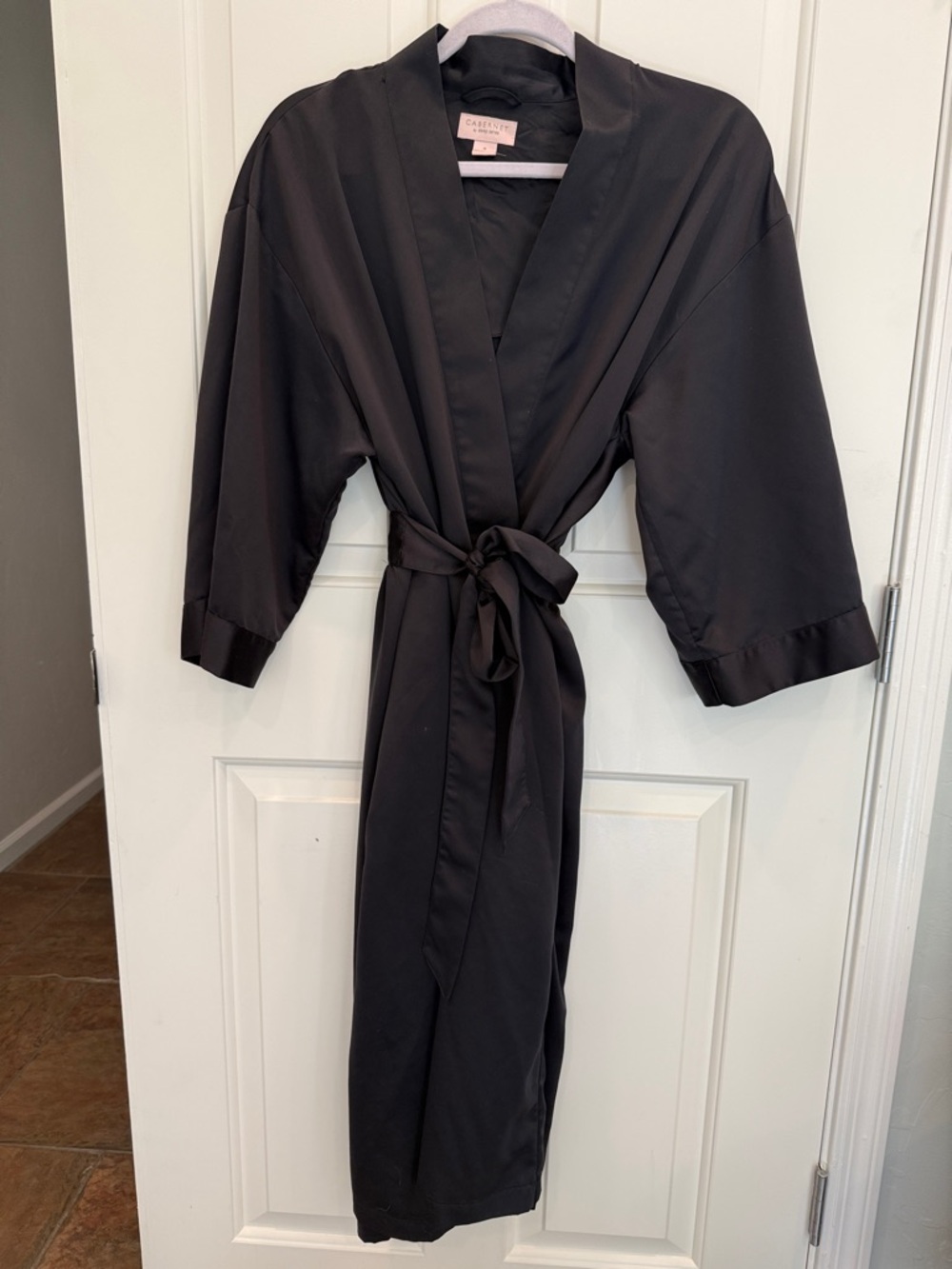 Cabernet Satin Black Wrap Robe with Tie